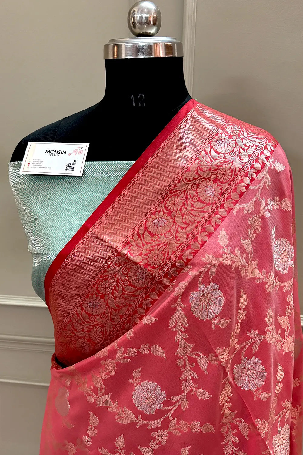 Peach and Sea Green Zari Banarasi Silk Saree