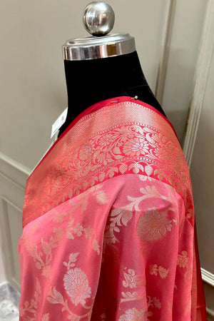 Peach and Sea Green Zari Banarasi Silk Saree
