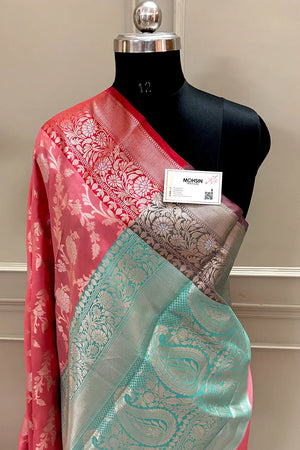 Peach and Sea Green Zari Banarasi Silk Saree