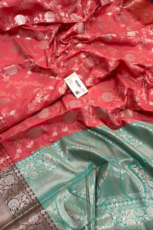 Peach and Sea Green Zari Banarasi Silk Saree