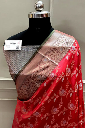 Peach and Teal Zari Banarasi Silk Saree