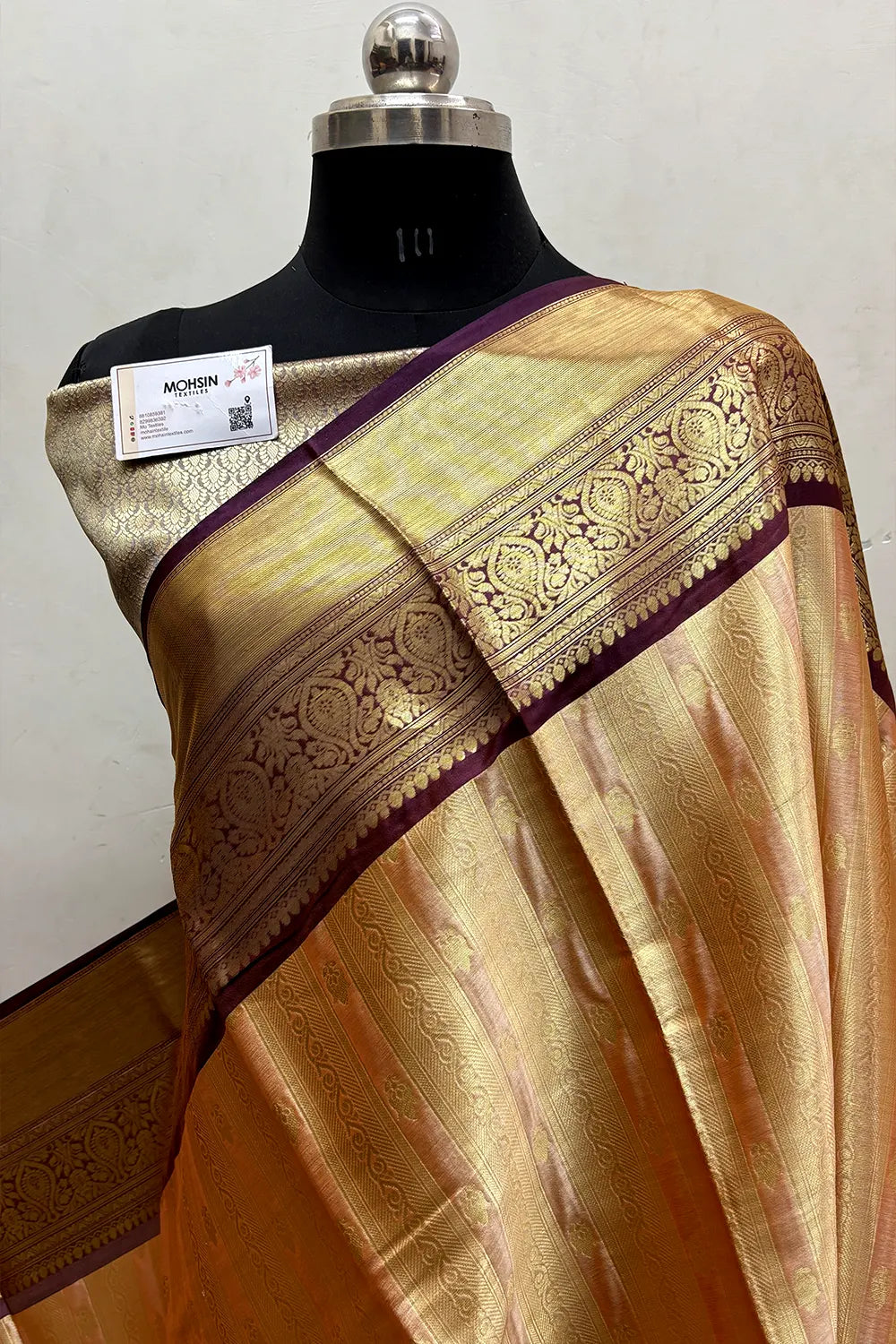 Peach and Wine Tissue Silk Banarasi Saree