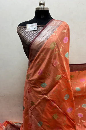 Peach and Wine Zari Katan Silk Banarasi Saree