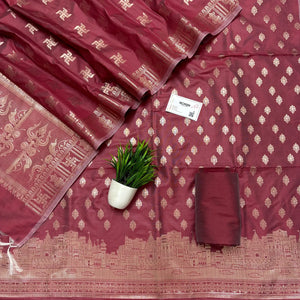 Peach Assi Ghat Mandir Semi Katan Silk Banarasi Suit