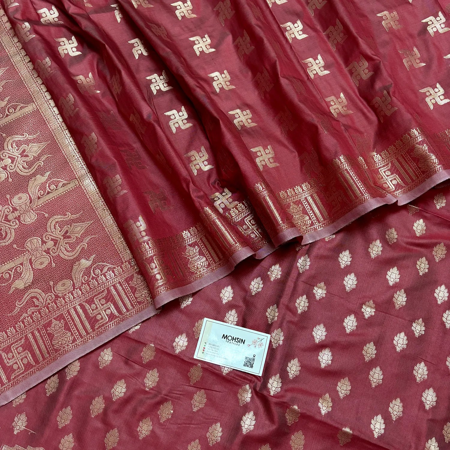 Peach Assi Ghat Mandir Semi Katan Silk Banarasi Suit
