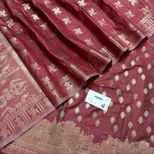 Peach Assi Ghat Mandir Semi Katan Silk Banarasi Suit