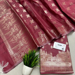 Peach Assi Ghat Mandir Semi Katan Silk Banarasi Suit