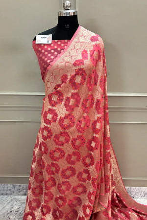 Peach Bandhej Georgette Silk Banarasi Saree