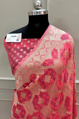 Peach Bandhej Georgette Silk Banarasi Saree