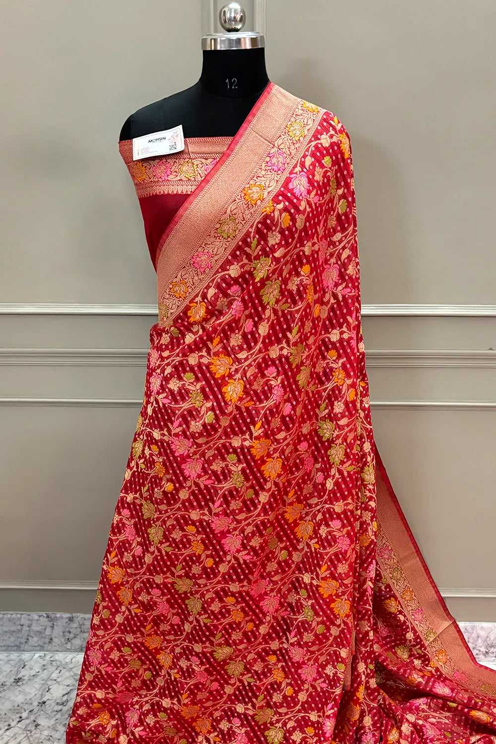 Peach Bandhej Meena Georgette Silk Banarasi Saree