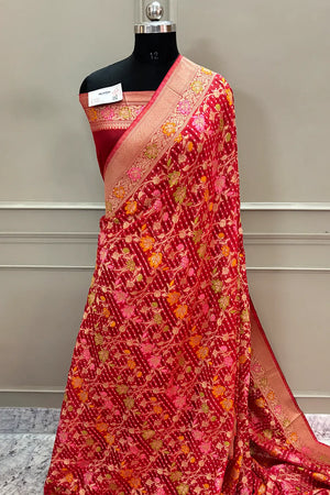 Peach Bandhej Meena Georgette Silk Banarasi Saree