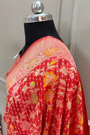 Peach Bandhej Meena Georgette Silk Banarasi Saree