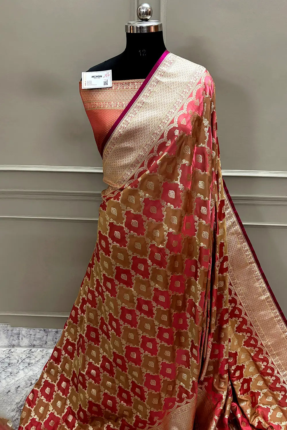 Peach Beige Rangkaat Zari Katan Mashru Silk Banarasi Saree