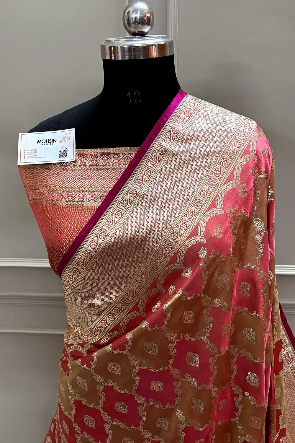Peach Beige Rangkaat Zari Katan Mashru Silk Banarasi Saree