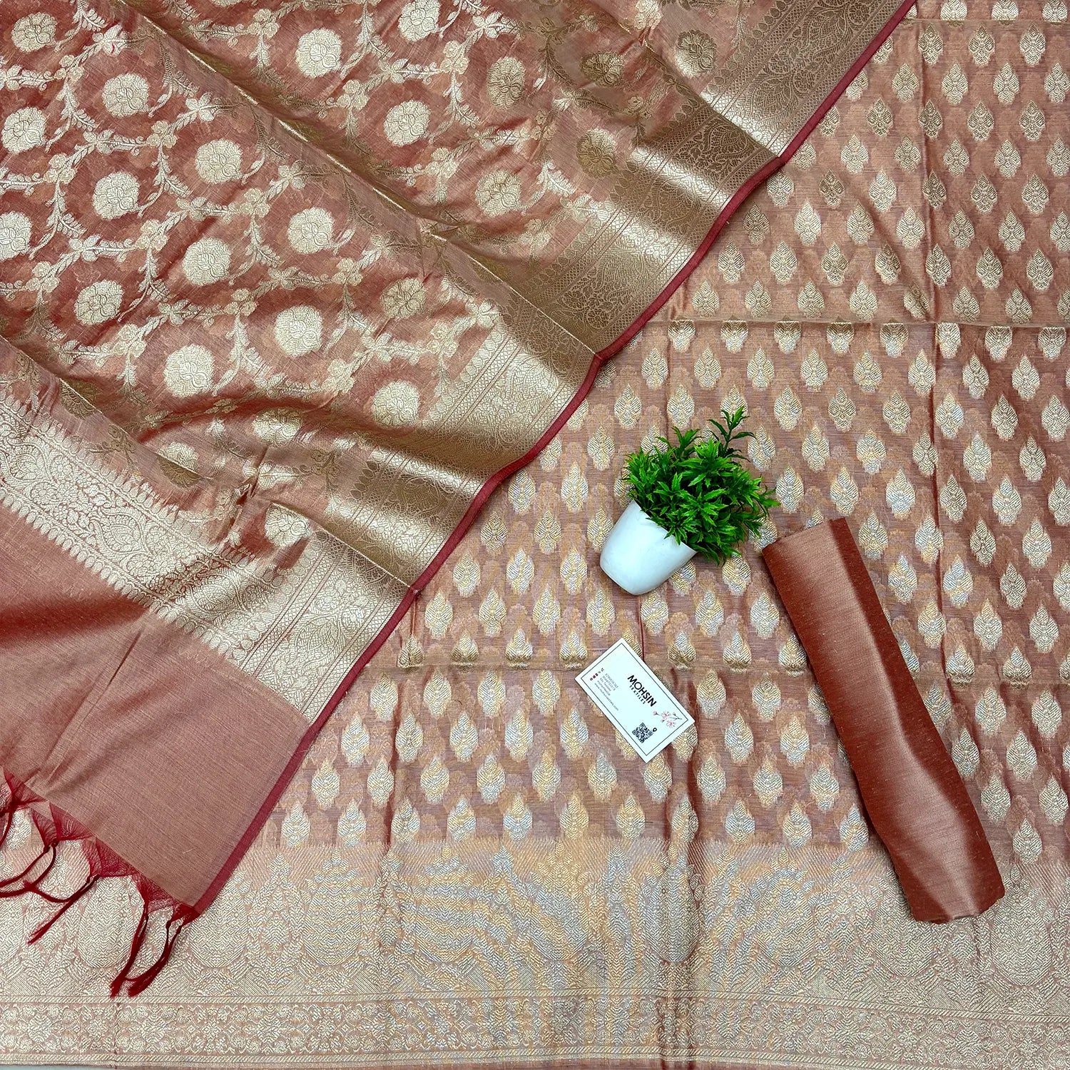 Peach Dracula Buta Banarasi Silk Suit
