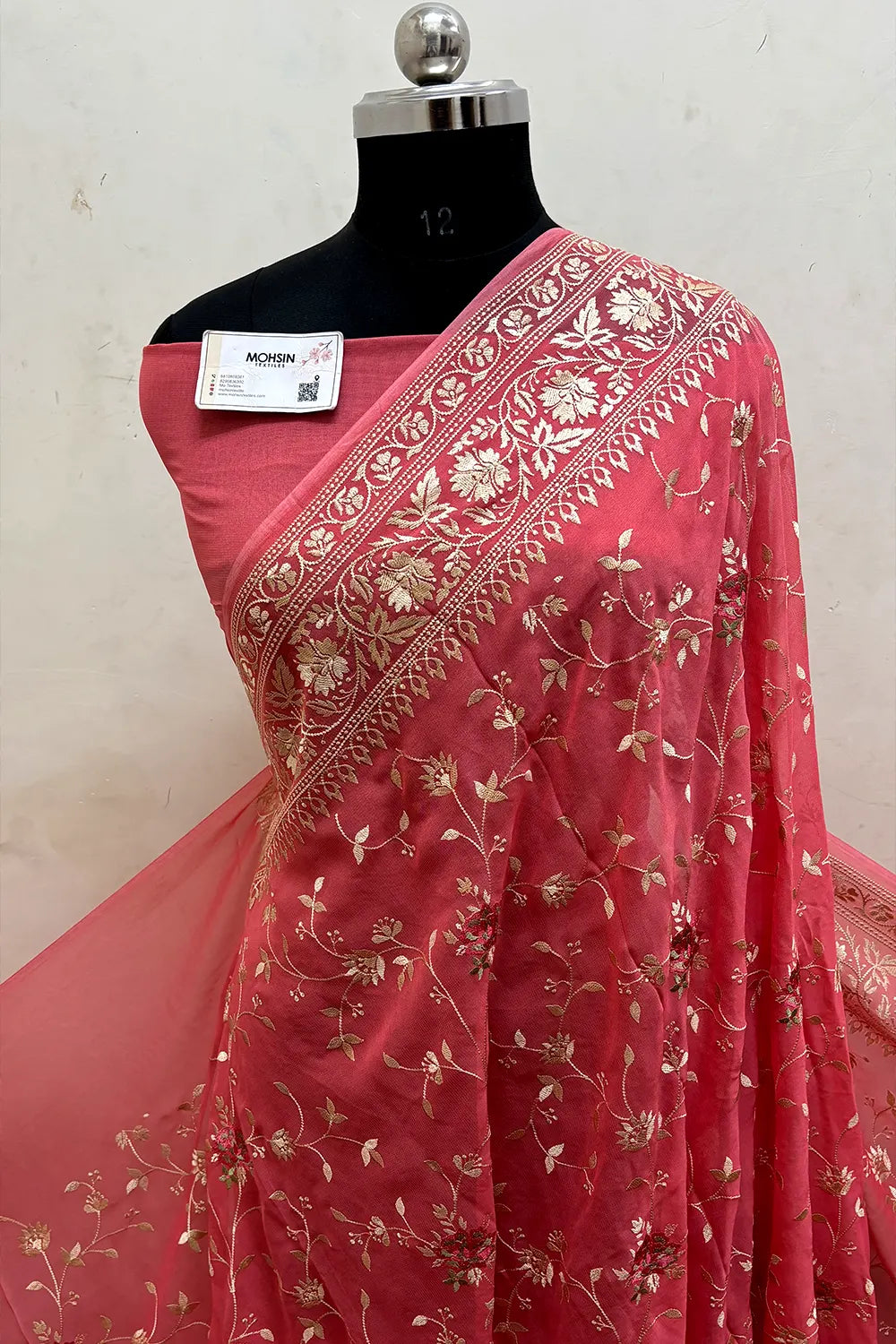 Peach Embroidery Georgette Silk Banarasi Saree