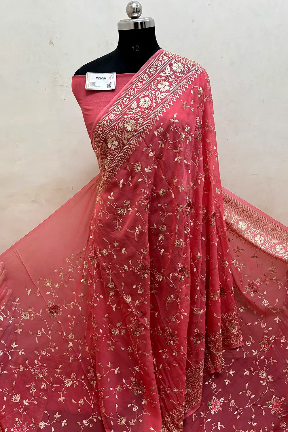 Peach Embroidery Georgette Silk Banarasi Saree