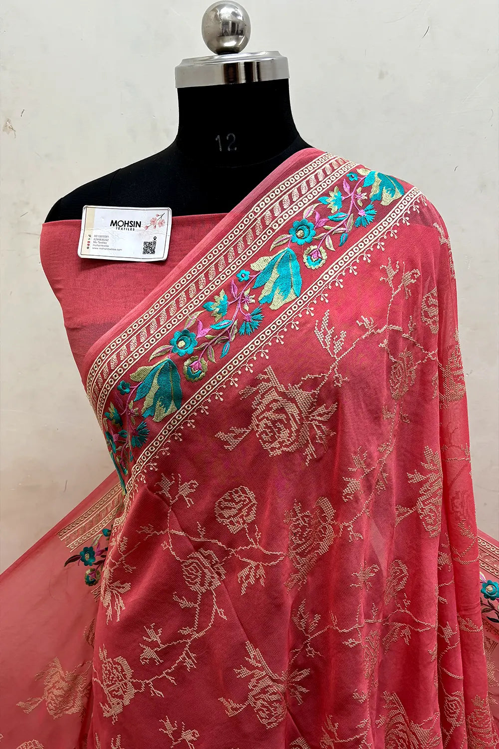 Peach Embroidery Georgette Silk Banarasi Saree