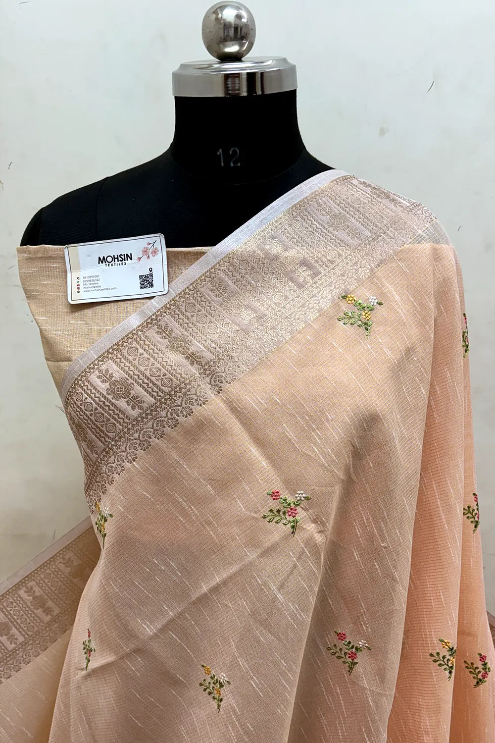 Peach Embroidery Lilen Silk Banarasi Saree