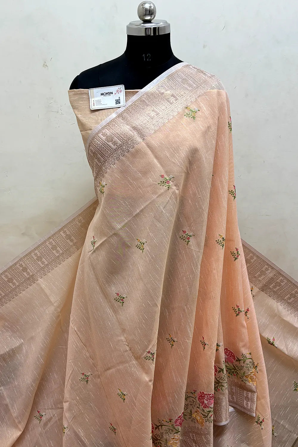 Peach Embroidery Lilen Silk Banarasi Saree