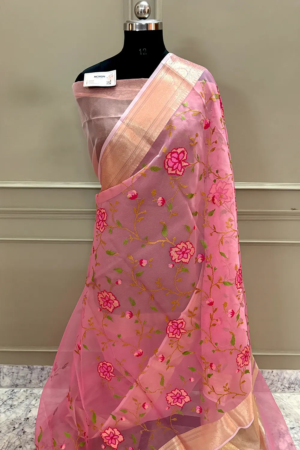 Peach Embroidery Net Banarasi Saree