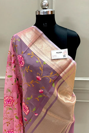 Peach Embroidery Net Banarasi Saree
