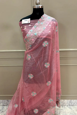 Peach Embroidery Swarovski Brasso Net Saree