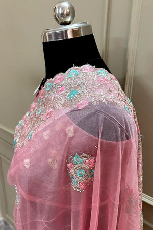 Peach Embroidery Swarovski Brasso Net Saree