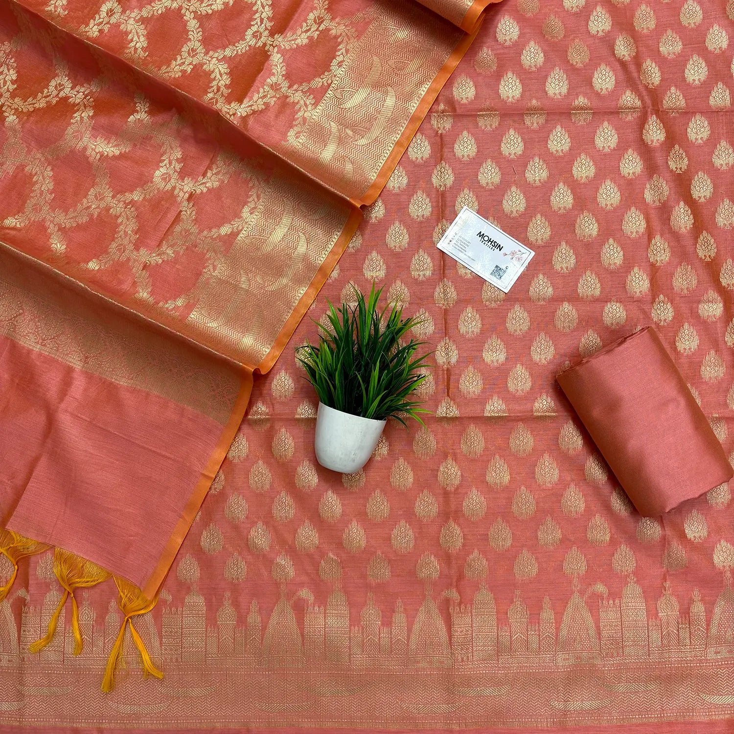 Peach Ghat Buti Banarasi Silk Suit