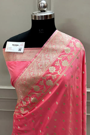 Peach Mahinki Buti Katan Silk Banarasi Saree