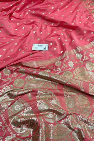 Peach Mahinki Buti Katan Silk Banarasi Saree