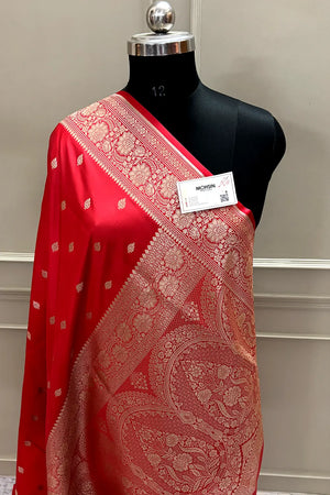 Peach Mario Patti Katan Mashru Silk Banarasi Saree