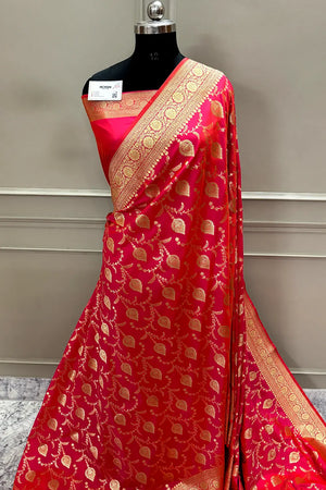 Peach Pandaar Jaal Katan Silk Banarasi Saree
