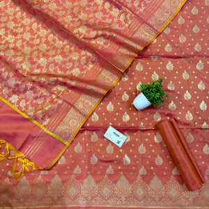 Peach Pankh Buti Satin Silk Banarasi Suit