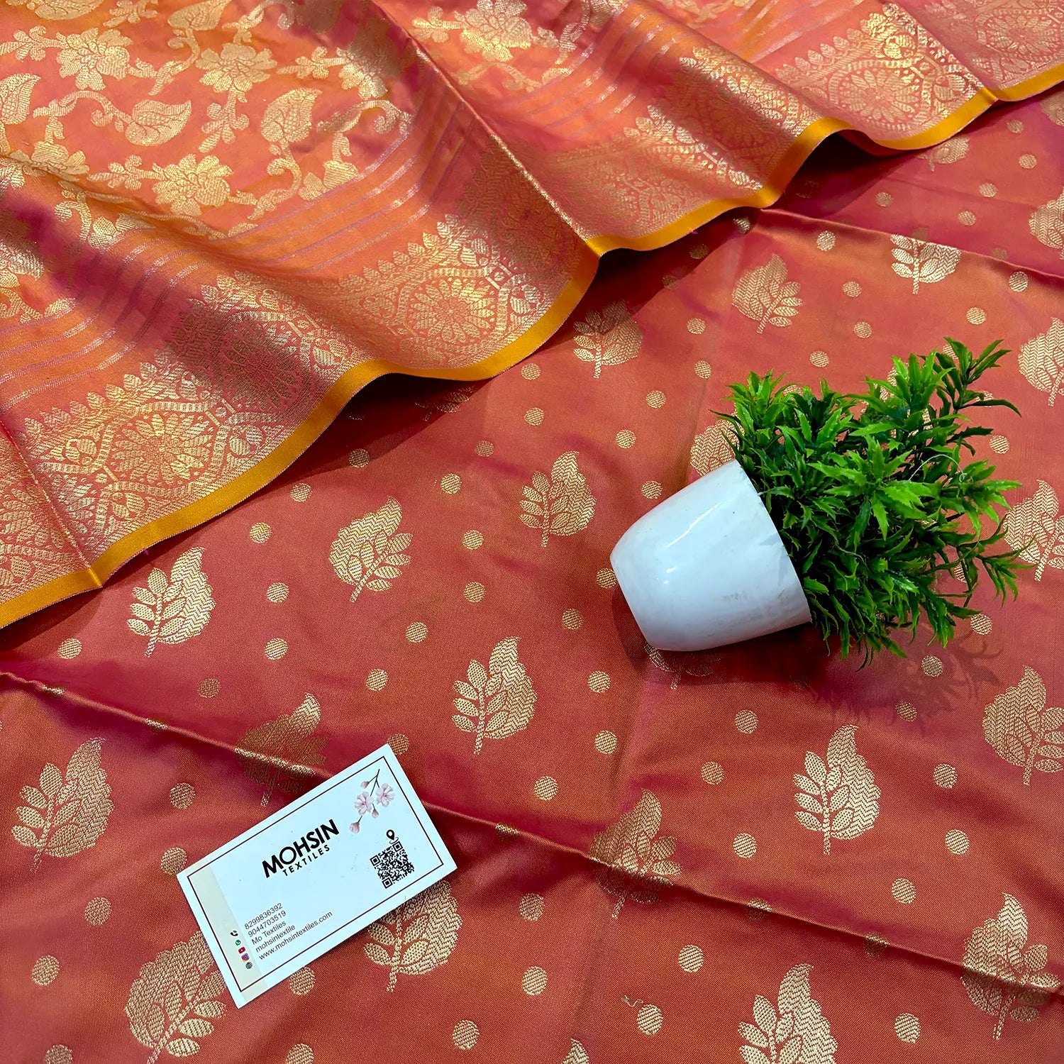 Peach Pankh Buti Satin Silk Banarasi Suit