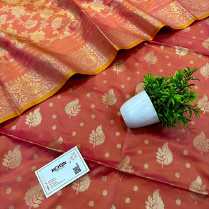 Peach Pankh Buti Satin Silk Banarasi Suit