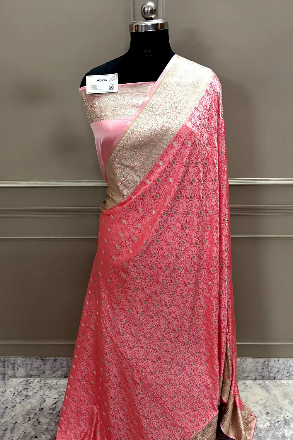Peach Pink Zari Katan Mashru Silk Banarasi Saree