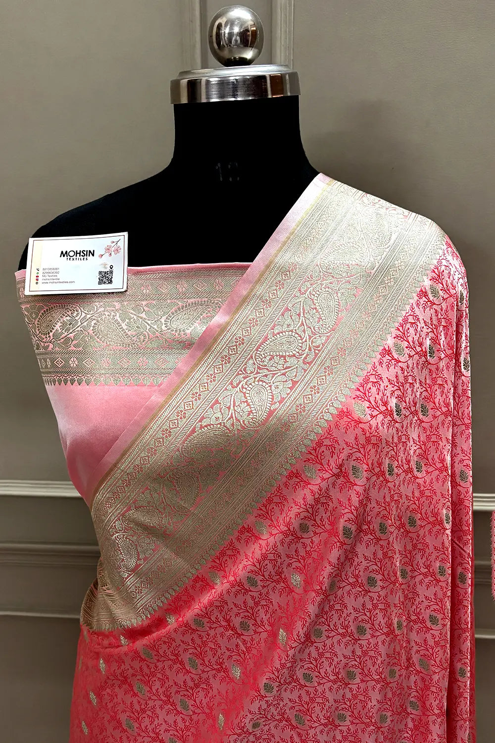 Peach Pink Zari Katan Mashru Silk Banarasi Saree