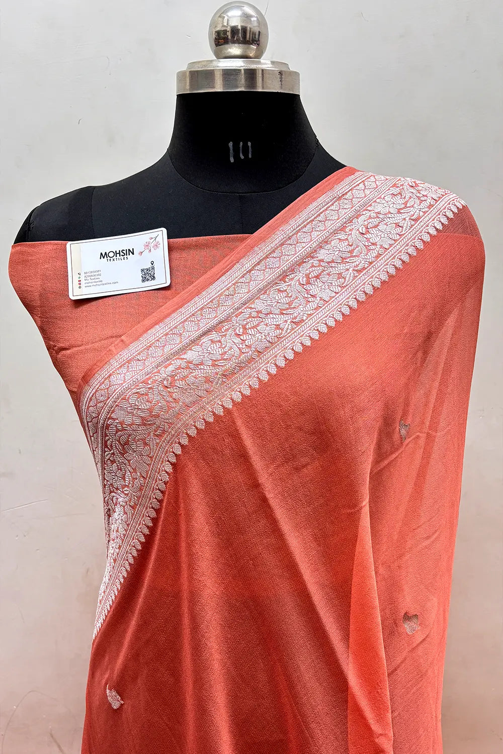 Peach Pure Khaddi Georgette Silk Banarasi Saree