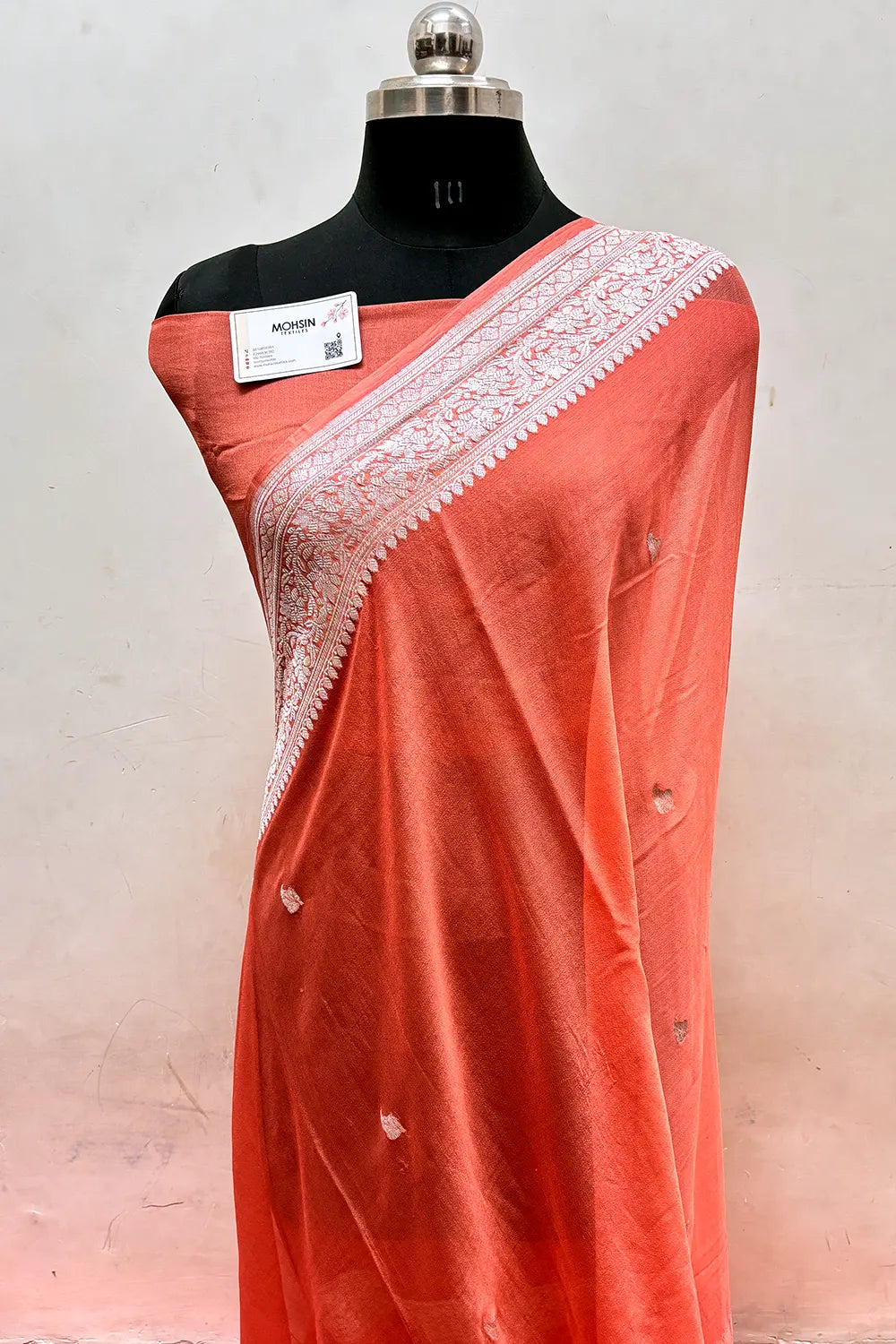 Peach Pure Khaddi Georgette Silk Banarasi Saree
