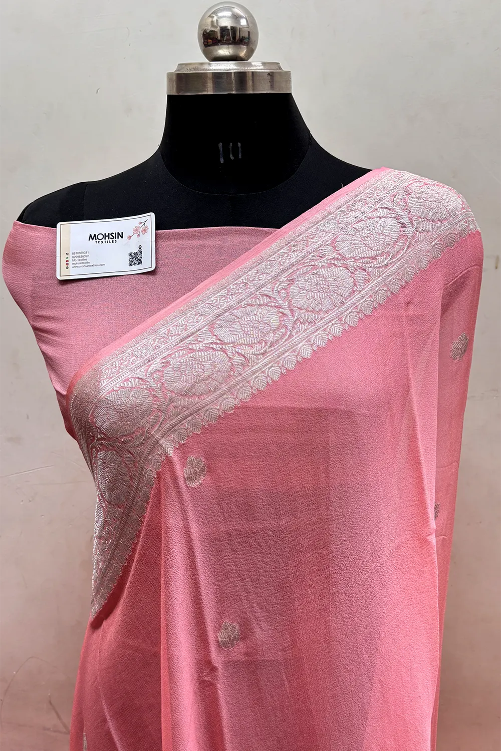 Peach Pure Khaddi Georgette Silk Banarasi Saree