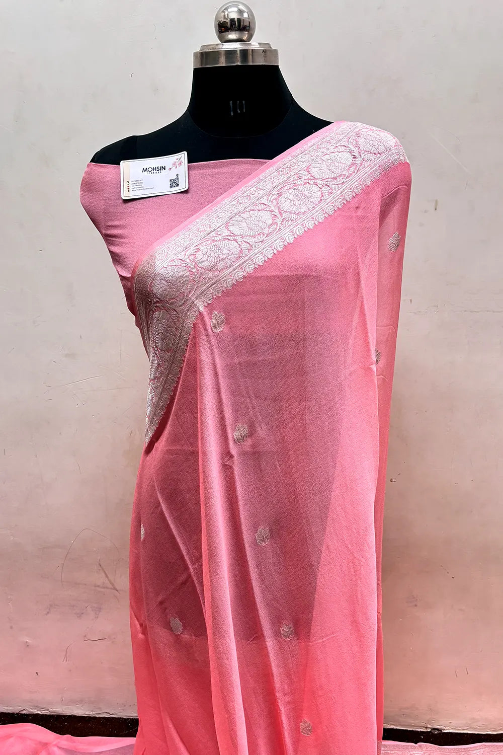Peach Pure Khaddi Georgette Silk Banarasi Saree