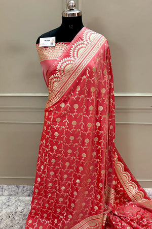 Peach Quantum Jaal Katan Silk Banarasi Saree