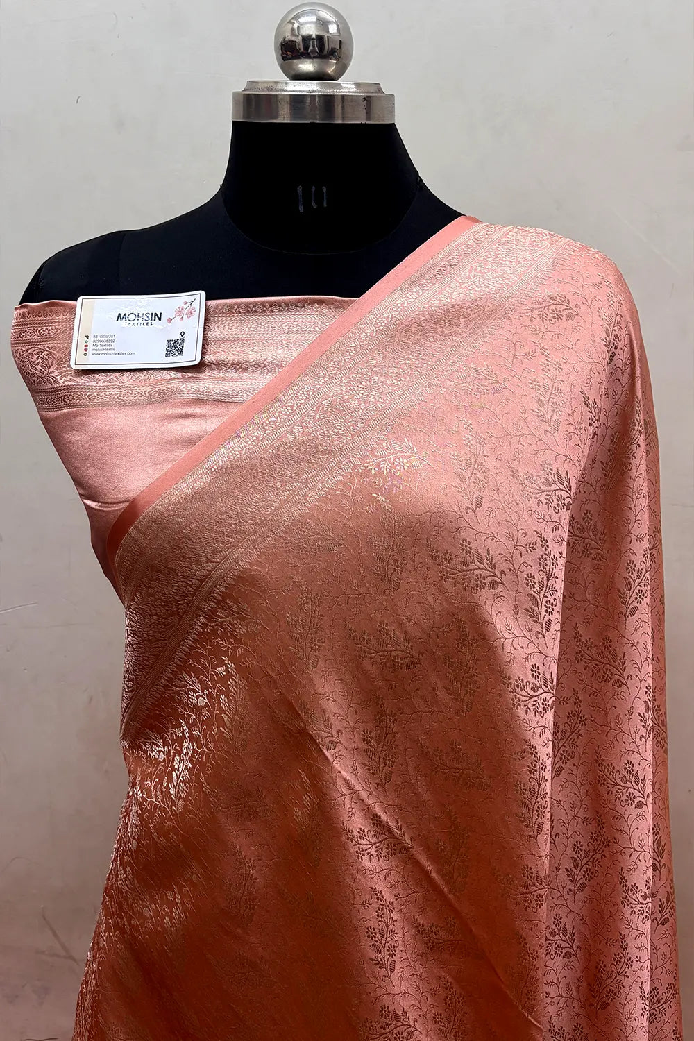 Peach Zari Katan Jamdani Silk Banarasi Saree