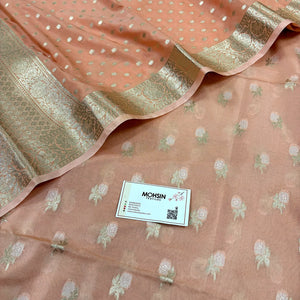 Peach Zari Katan Silk Banarasi Suit