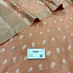Peach Zari Katan Silk Banarasi Suit