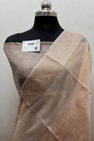 Peach Zari Linen Silk Banarasi Saree