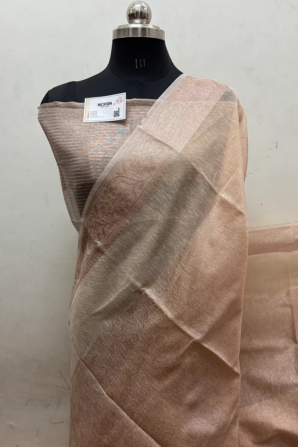 Peach Zari Linen Silk Banarasi Saree