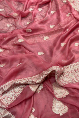 Peach Handloom Pure Georgette Silk Banarasi Saree