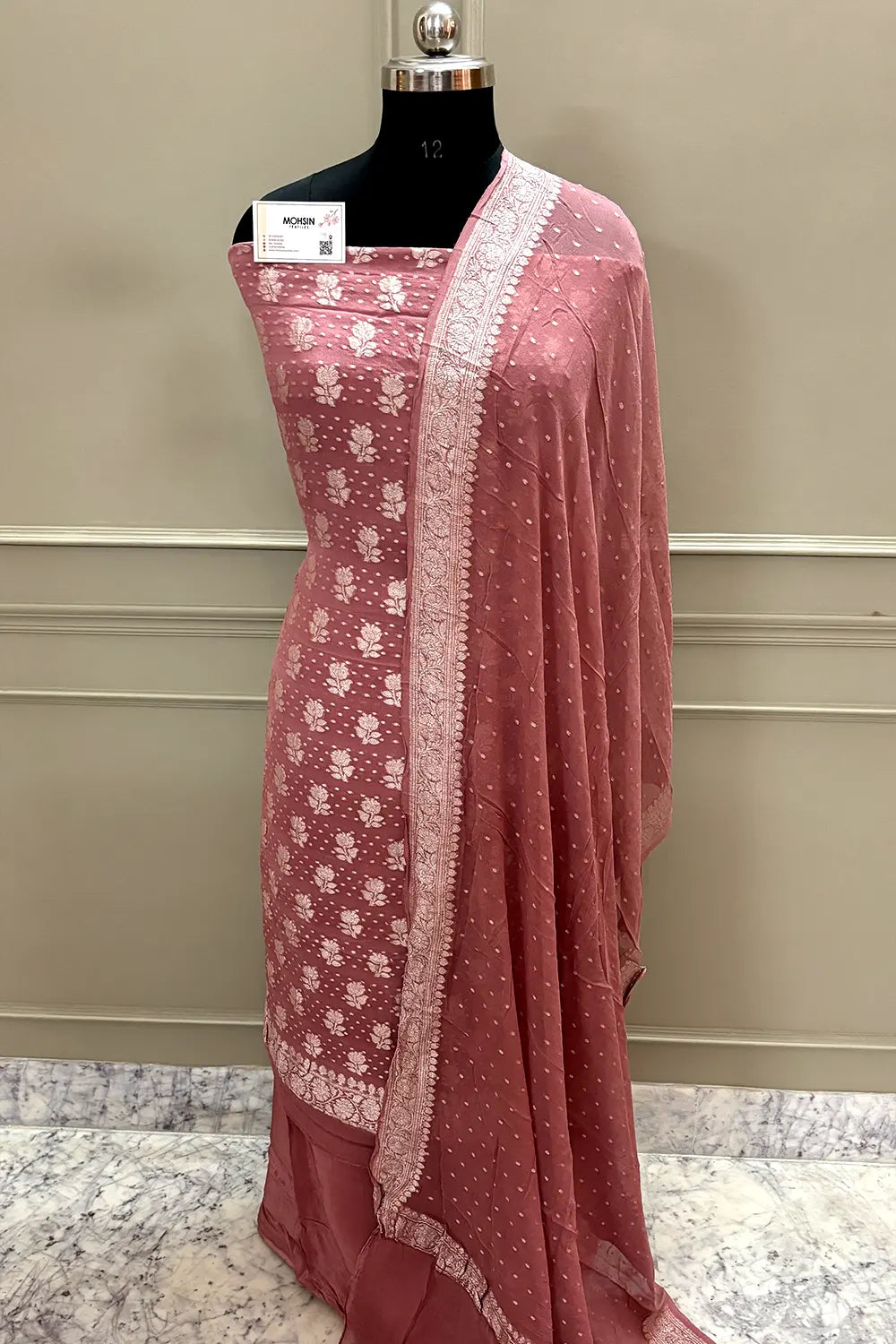 Peach Zari Pure Georgette Silk Banarasi Suit